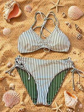 CUPSHE Green & White Striped Bikini Set-Reversible Bottom Sz L